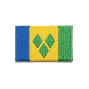 May include: Embroidered patch featuring the flag of Saint Vincent and the Grenadines. The rectangular patch has vertical stripes of blue and green, with a yellow center. Three green diamonds are centered in the yellow section.