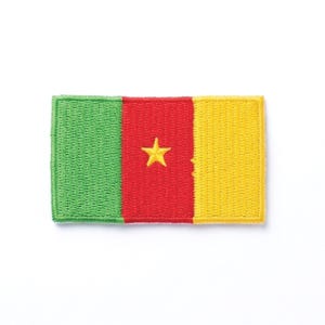 May include: Embroidered patch featuring the flag of Cameroon. The rectangular patch displays vertical stripes of green, red, and yellow, with a yellow star in the center red stripe. The patch has a stitched border.