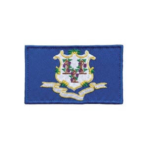 Puede incluir: Un parche rectangular bordado con el diseño de la bandera del estado de Connecticut. El parche tiene un fondo azul con un escudo blanco central que contiene tres vides con uvas moradas y hojas verdes, sobre una cinta de color blanco.