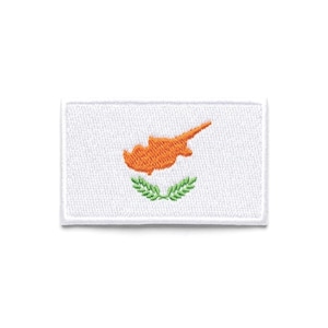 May include: Embroidered patch featuring the flag of Cyprus. The rectangular patch has a white background with an orange map of Cyprus in the center, and a pair of green olive branches below the map.