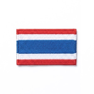 May include: Embroidered patch featuring the flag of Thailand. The rectangular patch has a red border and horizontal stripes of red, white, and blue. The blue stripe is wider than the white stripes.