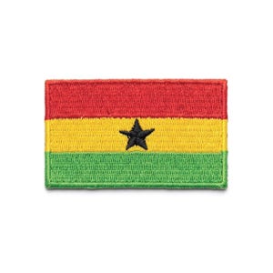 May include: Embroidered patch featuring the flag of Ghana. The rectangular patch has horizontal stripes of red, yellow, and green, with a black star in the center. The patch has a stitched border.