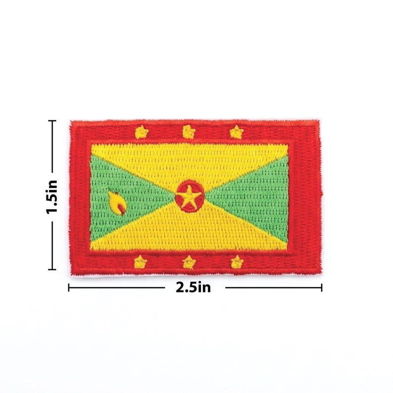 Pu&ograve; includere: Toppa ricamata con la bandiera di Grenada. La toppa rettangolare misura 6,35 cm di larghezza e 3,81 cm di altezza. Il design della bandiera include un centro giallo e verde, un bordo rosso e una stella al centro.