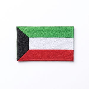 May include: Embroidered patch depicting the flag of Kuwait. The rectangular patch shows the flag's colours: green, white, red, and black. The flag design includes a black trapezoid on the hoist side.