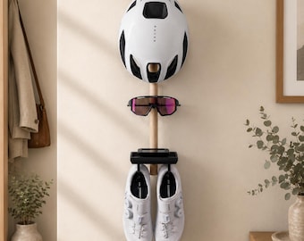 Bike wall storage, wall mounted bike accessories, helmet wall mount, cycling gear storage