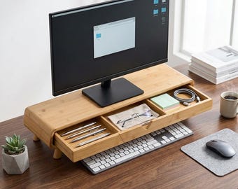 Solid Bamboo Monitor Stand with Drawer, Ergonomic Riser, Desk Organizer