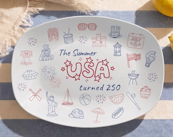 Summer USA Turned 250 Patriotic Platter Picnic Dish Summer BBQ Plate July Fourth Gift Independence Day Serveware USA Doodle Themed Server