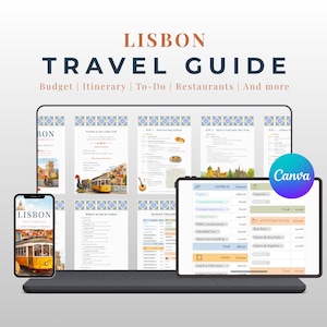 Puede incluir: Una guía de viaje digital de Lisboa que se muestra en una computadora portátil, una tableta y un teléfono inteligente. La guía incluye información sobre presupuesto, itinerario y restaurantes. El logotipo de Canva es visible.
