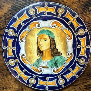 Ceramic Hand Painted Italian Majolica trivet Renaissance-inspired pottery (Deruta) Bella portrait with geometric borders Mid Century 8"