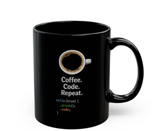 Black Ceramic Mug – Coffee Code Repeat Programmer Design