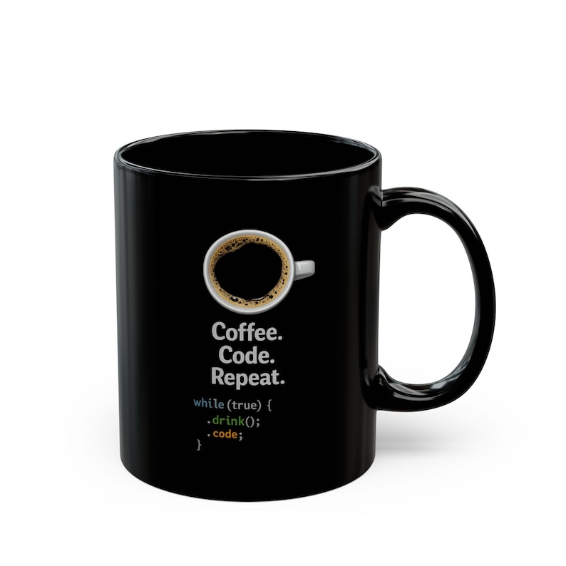 Taza de cerámica negra – Diseño de programador de código de café repetitivo imagen 1