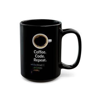 Taza de cerámica negra – Diseño de programador de código de café repetitivo imagen 4