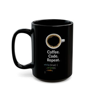 Taza de cerámica negra – Diseño de programador de código de café repetitivo imagen 5