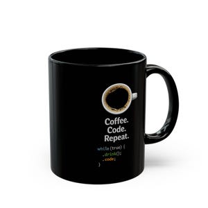 Taza de cerámica negra – Diseño de programador de código de café repetitivo imagen 3