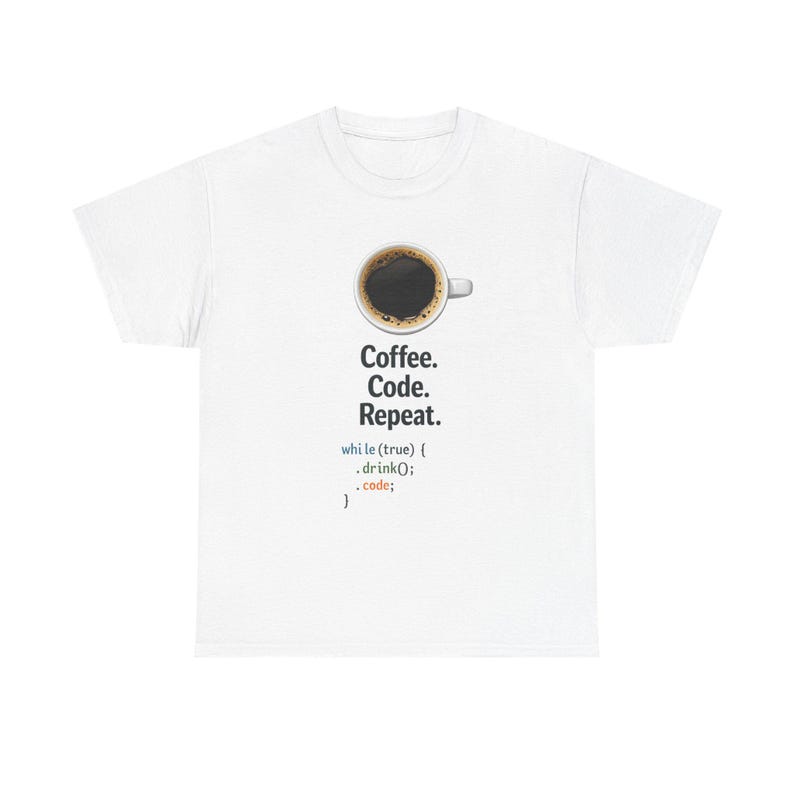 コーヒーコードリピートTシャツ | プログラマーコーディングループシャツ 画像 2