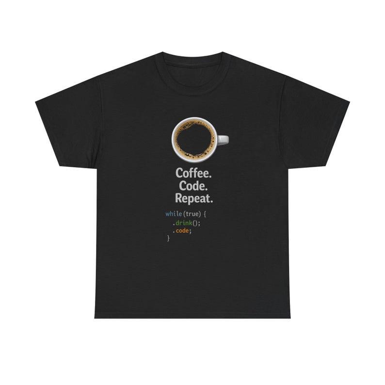 コーヒーコードリピートTシャツ | プログラマーコーディングループシャツ 画像 1