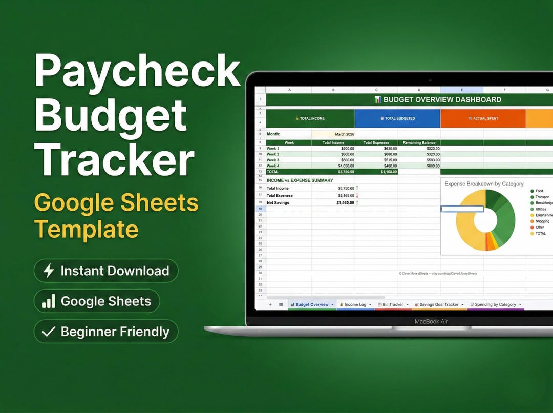 Paycheck Budget Tracker | Google Sheets Template | Monthly Budget ...