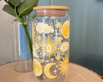 16oz Sun & Moon Themed Glass Cup with Bamboo Lid and Glass Straw