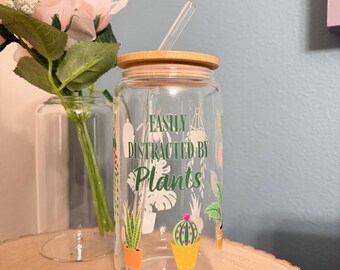 16oz  “Easily Distracted By Plants” Glass Cup with Bamboo Lid and Glass Straw