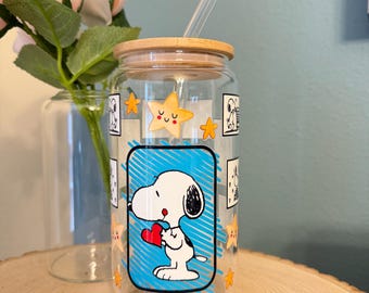 16oz  Snoopy Themed Glass Cup with Bamboo Lid & Glass Straw