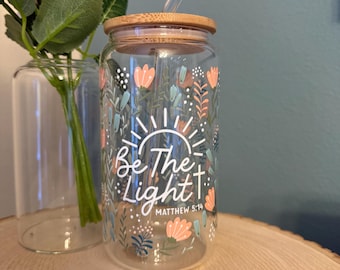 16oz  “Be the Light” Glass Cup with Bamboo Lid