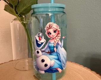 16oz Frozen Elsa and Olaf Themed Blue Acrylic Cup
