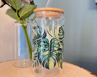 16oz Monstera Plant Themed Glass Cup with Bamboo Lid and Glass Straw