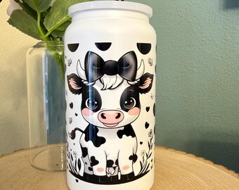 16oz Stainless Steel Cow Tumbler with Straw