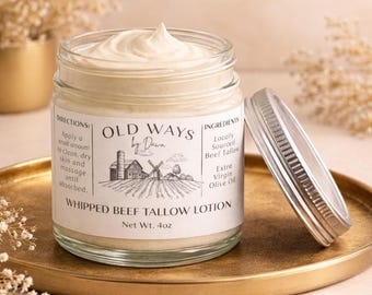 Loção de sebo bovino batido de 118 ml | Hidratante natural | Cuidados com a pele à base de sebo de gado alimentado a pasto | Creme facial e corporal não tóxico | Bálsamo facial artesanal