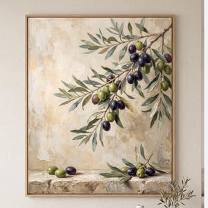 May include: A square framed oil painting featuring a branch laden with green and dark purple olives and elongated sage green leaves against a textured cream background, with a few loose olives resting on a stone ledge at the bottom of the canvas.