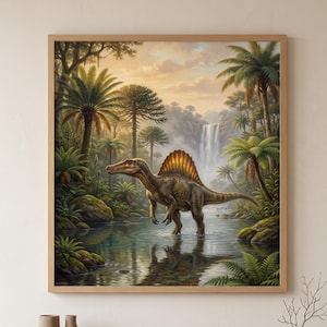 Spinosaurus Wall Art Printable, Prehistoric Landscape Dinosaur Decor Print