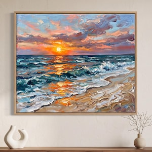 Sonnenuntergangs-Seelandschaft-Kunstdruck, impressionistische Küstenwellen mit dramatischem Himmel