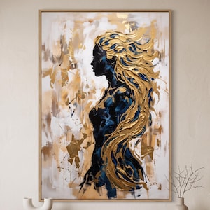 Navy Gold Decor, Female Portrait, Flowing Hair Art, Abstract Silhouette
