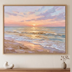 Cuadro mural costero con paisaje marino en tonos pastel, estampado de puesta de sol sobre el océano en tonos rosados, estilo pincelada texturizada con impasto.