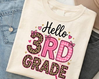 Hallo 3. Klasse (SVG), Leopardenmuster für die 3. Klasse (Sublimations-PNG), Rosa Schleife für Lehrer (Vektor), Schulanfang für Schüler, Digitaler Download