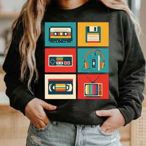 Retro 80er 90er Jahre Sublimation PNG, Vintage Tech Pop Art SVG, Kassetten-Floppy Disk Controller Grafik, nostalgische Media Grid Art, digitaler Download