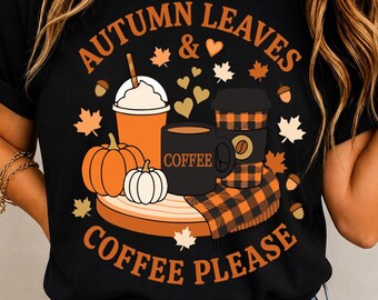 Hojas de otoño y café, por favor PNG, Calabaza de otoño y café SVG, Sublimación de otoño, Archivo de diseño digital para descargar de café de otoño