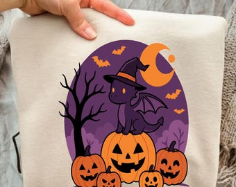 Calabazas de dragón de Halloween PNG, Lindo sombrero de bruja de dragón SVG, Sublimación de noche de Halloween, Archivo de descarga digital de Halloween