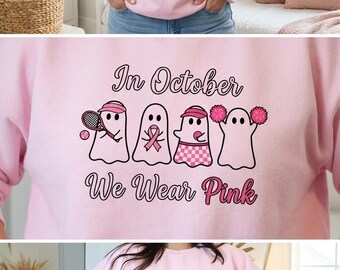 Im Oktober tragen wir Pink (PNG), Brustkrebs-Geist (SVG), Halloween-Aufklärung (Sublimation), Pink Ribbon (digitale Download-Datei)