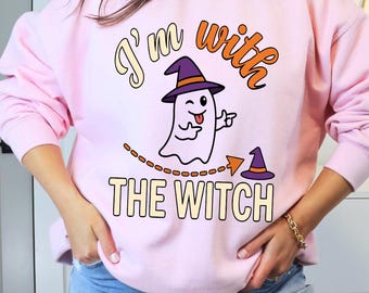„Ich bin mit der Hexe“ (PNG), Halloween-Geist (SVG), passendes Kostüm (Sublimation), digitale Designdatei für Halloween-Paare zum Download