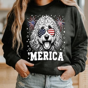 Peut inclure: Un sweat-shirt noir à manches longues avec un motif de chien au pelage ébouriffé portant des lunettes de soleil aux couleurs du drapeau américain. Le design inclut des feux d'artifice, des étoiles blanches et le texte 'MERICA en lettres capitales.