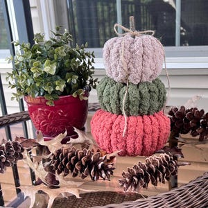 May include: A decorative fall-themed arrangement featuring a stack of three plush pumpkins in pink, green, and coral. A small potted plant and pinecones are also present. The pumpkins are tied together with twine and topped with a small twig.
