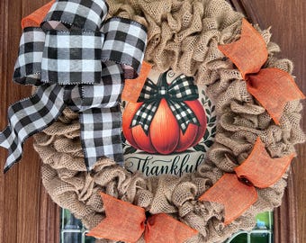 Farmhouse Pumpkin Burlap Wreath, Fall Door Hander with Black and White Bow