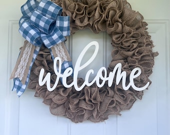 Burlap Welcome Wreath, Rustic Farmhouse Door Decor, Blue Checked Bow, Neutral Everyday Wreath