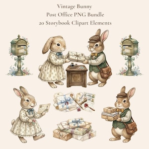 May include: Watercolor illustration of a vintage bunny post office scene. The image features bunnies dressed in vintage clothing, mailboxes, and bundles of letters and packages. Text reads "Vintage Bunny Post Office PNG Bundle" and "20 Storybook Clipart Elements."