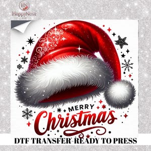 May include: A red Santa hat with white fur trim and intricate white filigree patterns, surrounded by black and red snowflakes and stars. Below the hat, the text reads Merry Christmas in a red script font. The design is a DTF transfer.