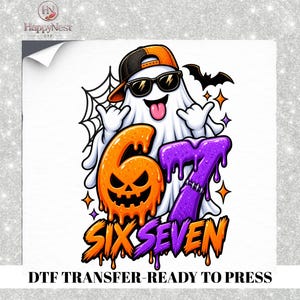 May include: A graphic design featuring a white ghost wearing an orange and black baseball cap and sunglasses, making a hand gesture. Below the ghost are the numbers 67 and the text SIX SEVEN, with the number 6 as a dripping orange jack-o'-lantern.