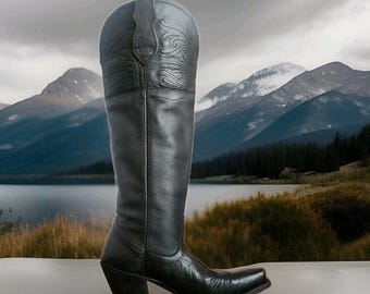 Tony Lama Tall Knee High Black Leather Boots Sz 6B