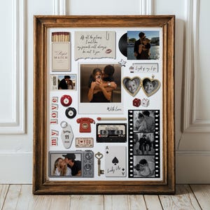 May include: A framed collage featuring a collection of personal mementos including photographs, a matchbox labeled The Perfect Match, a heart-shaped locket, a cassette tape, a red rotary phone, dice, a key, and playing cards with the text Lucky Us.