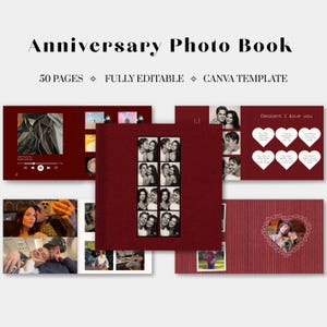May include: An Anniversary Photo Book Canva template featuring 50 pages. The design includes a deep red cover with a vertical photo strip, interior pages with music player graphics, heart-shaped text boxes labeled Reasons I love you, and photo frames.